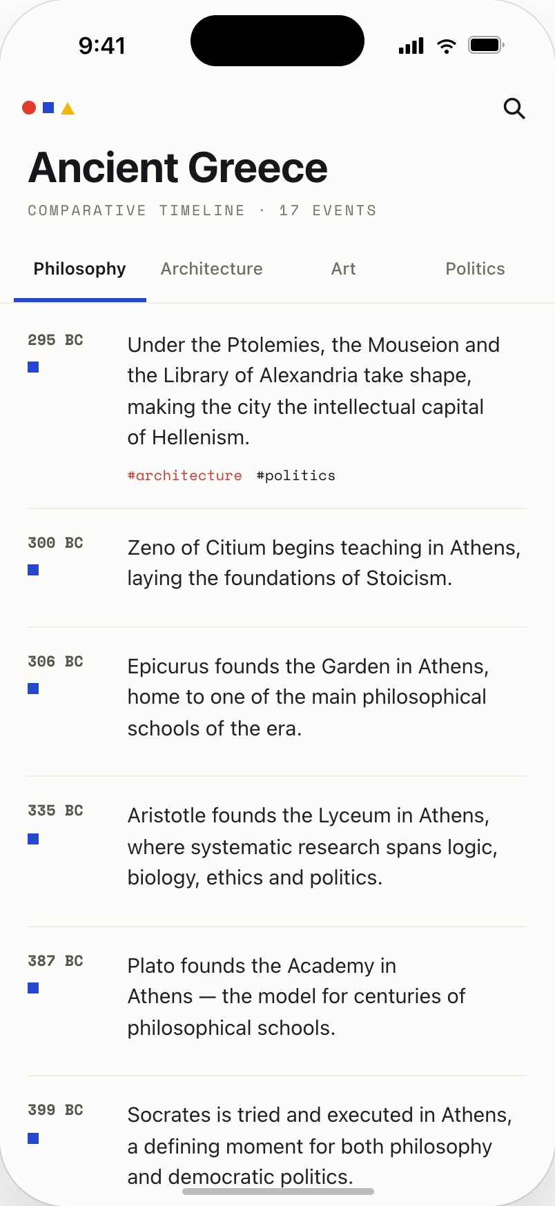 Chronos on iOS: large-title screen for the Ancient Greece board, underline tabs for the four lenses, and the philosophy events as a plain dated list