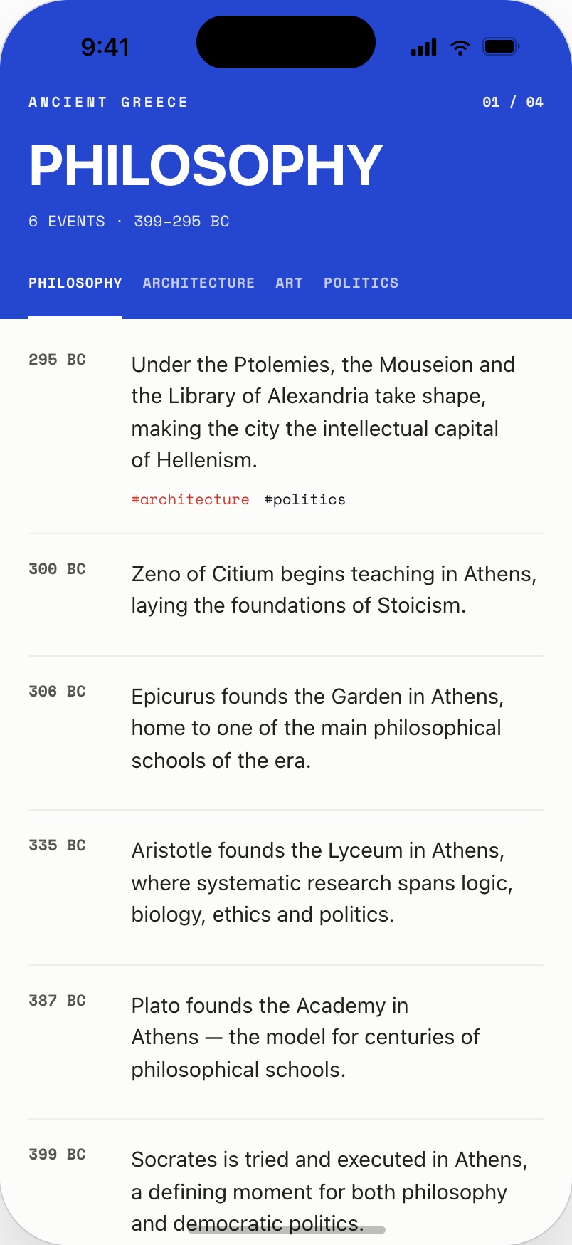 Chronos on iOS: poster treatment with a full-bleed blue header, the lens name set large, and its date range above the event list